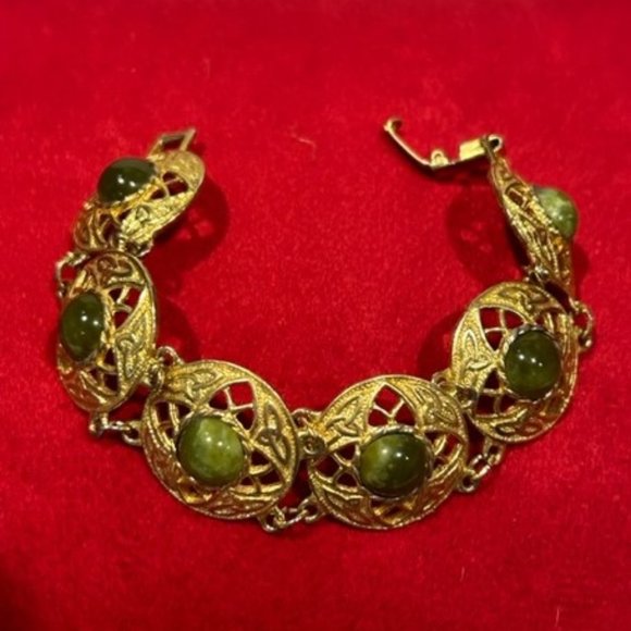 VTG Gold Round Filigree Link Bracelet with Green Stones - Picture 6 of 8